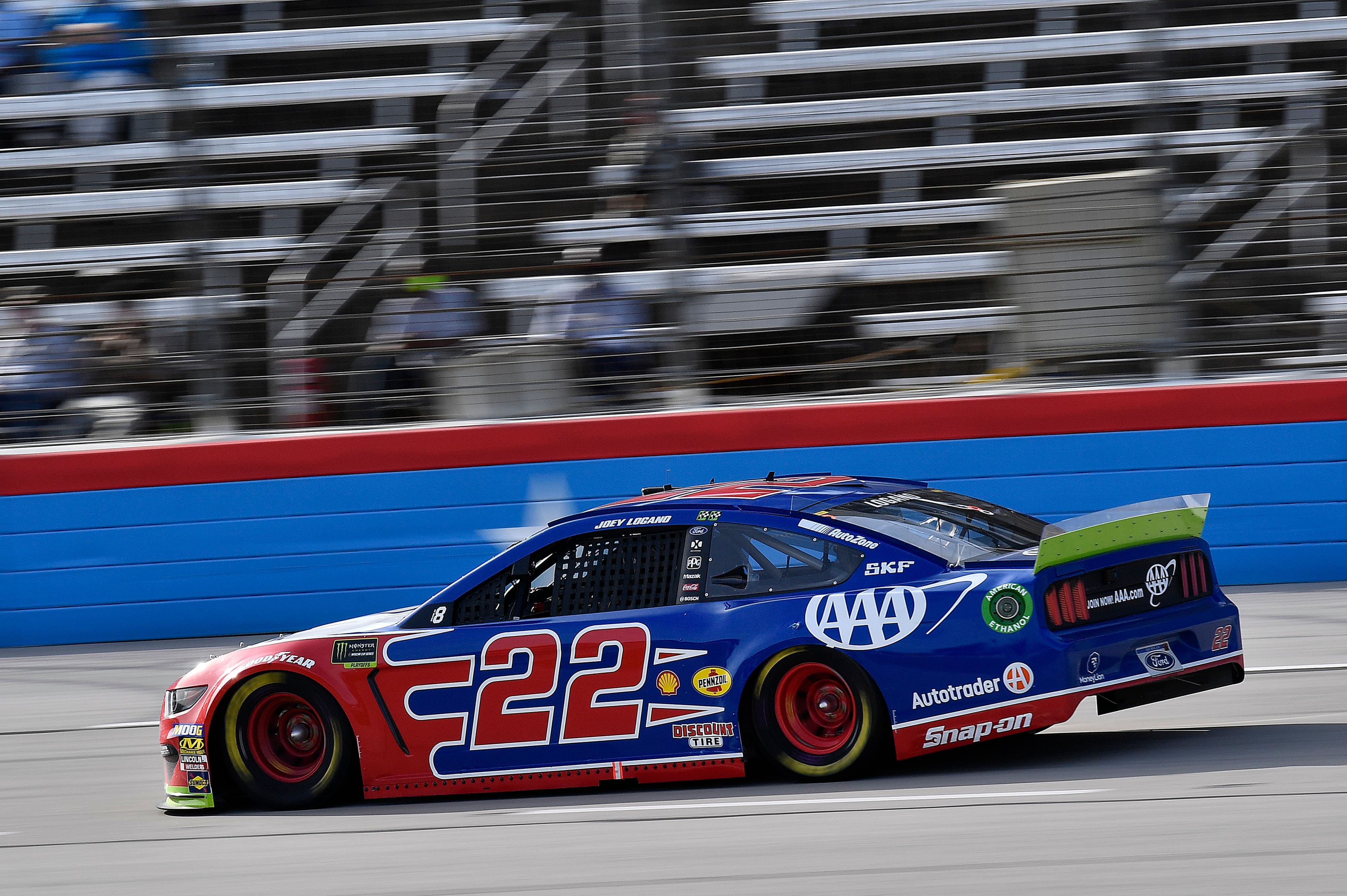 Team Penske's Joey Logano battled to finish fourth. His playoff teammate Ryan Blaney was eighth. Team Penske's Joey Logano battled to finish fourth. His playoff teammate Ryan Blaney was eighth.